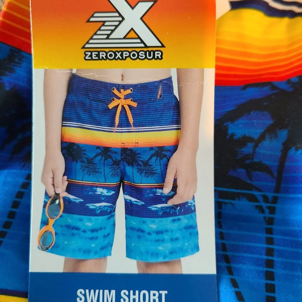 XEROXPOSUR SWIM SHORTS & GOGLES UPF 50 + OCEAN SHARK MOTIF SZ6/7